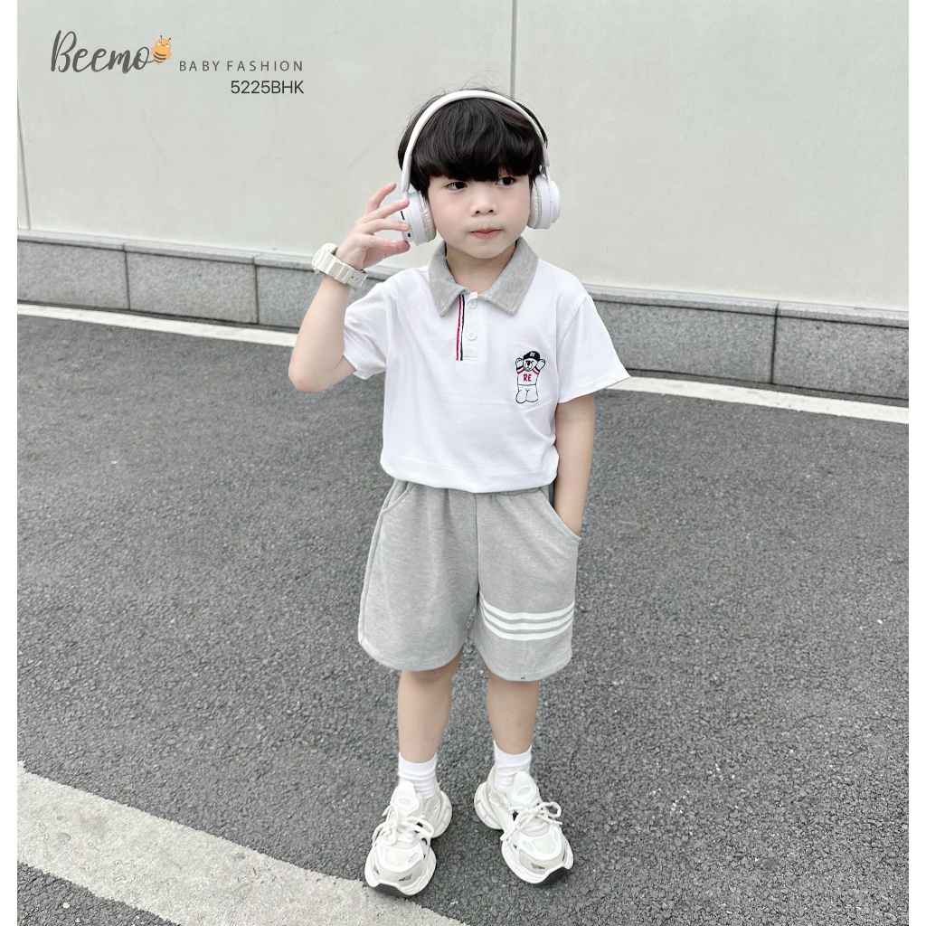 ( Beemo) Bộ polo beemo hè cộc tay thêu chú gấu kèm quần phối viền chất vải cá sấu có co giãn cho bé size 9-26kg
