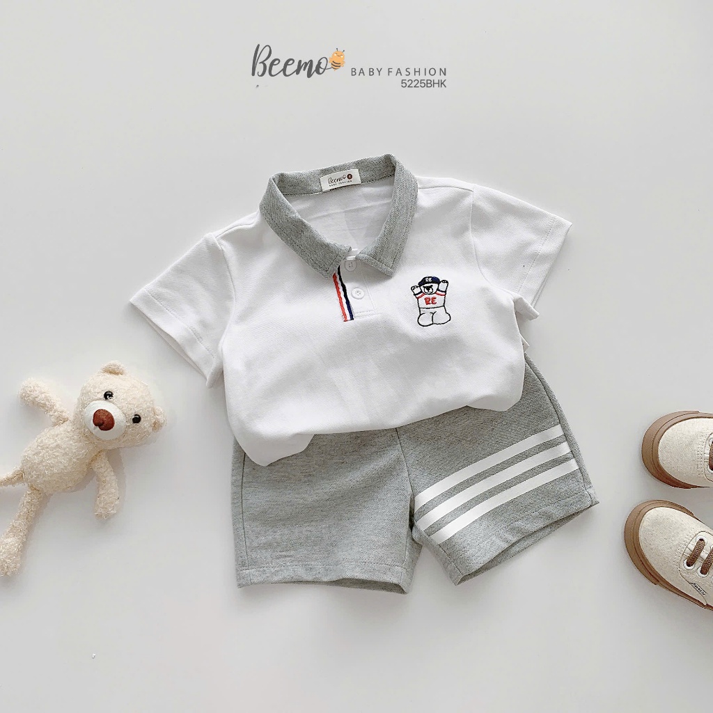 ( Beemo) Bộ polo beemo hè cộc tay thêu chú gấu kèm quần phối viền chất vải cá sấu có co giãn cho bé size 9-26kg