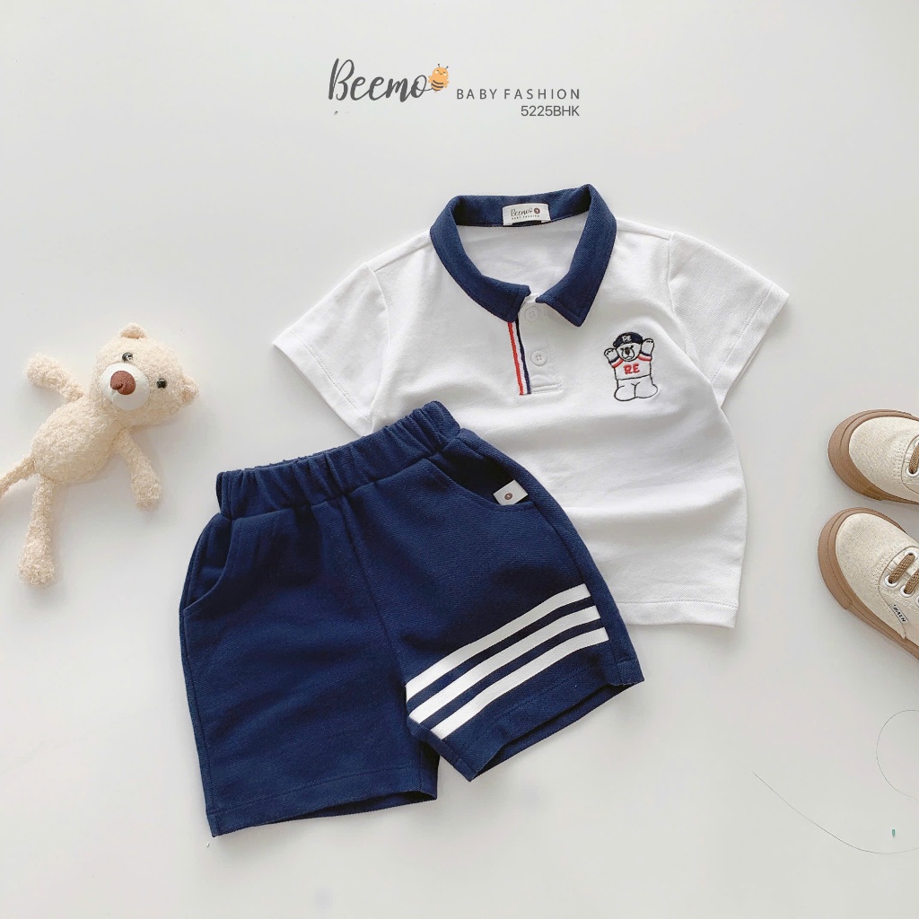 ( Beemo) Bộ polo beemo hè cộc tay thêu chú gấu kèm quần phối viền chất vải cá sấu có co giãn cho bé size 9-26kg