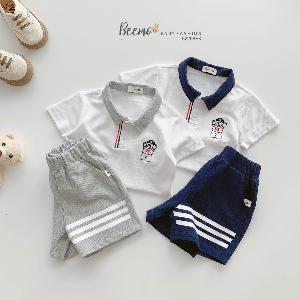 ( Beemo) Bộ polo beemo hè cộc tay thêu chú gấu kèm quần phối viền chất vải cá sấu có co giãn cho bé size 9-26kg