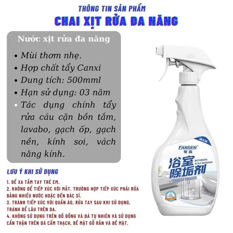 Bình Xịt Dung Dịch Vệ Sinh Bồn Rửa-Chai Tẩy Rửa Nhà Tắm Fansen 500ml - NƯỚC TẨY RỬA CẶN CANXI INOX HIỆU QUẢ