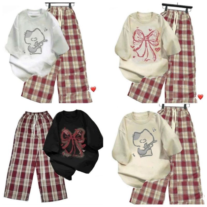 Tổng Hợp Các Sét Quần Kẻ Caro màu ĐỎ  ống Rộng + Mix Áo Phông Form Rộng Tay Lỡ Cotton