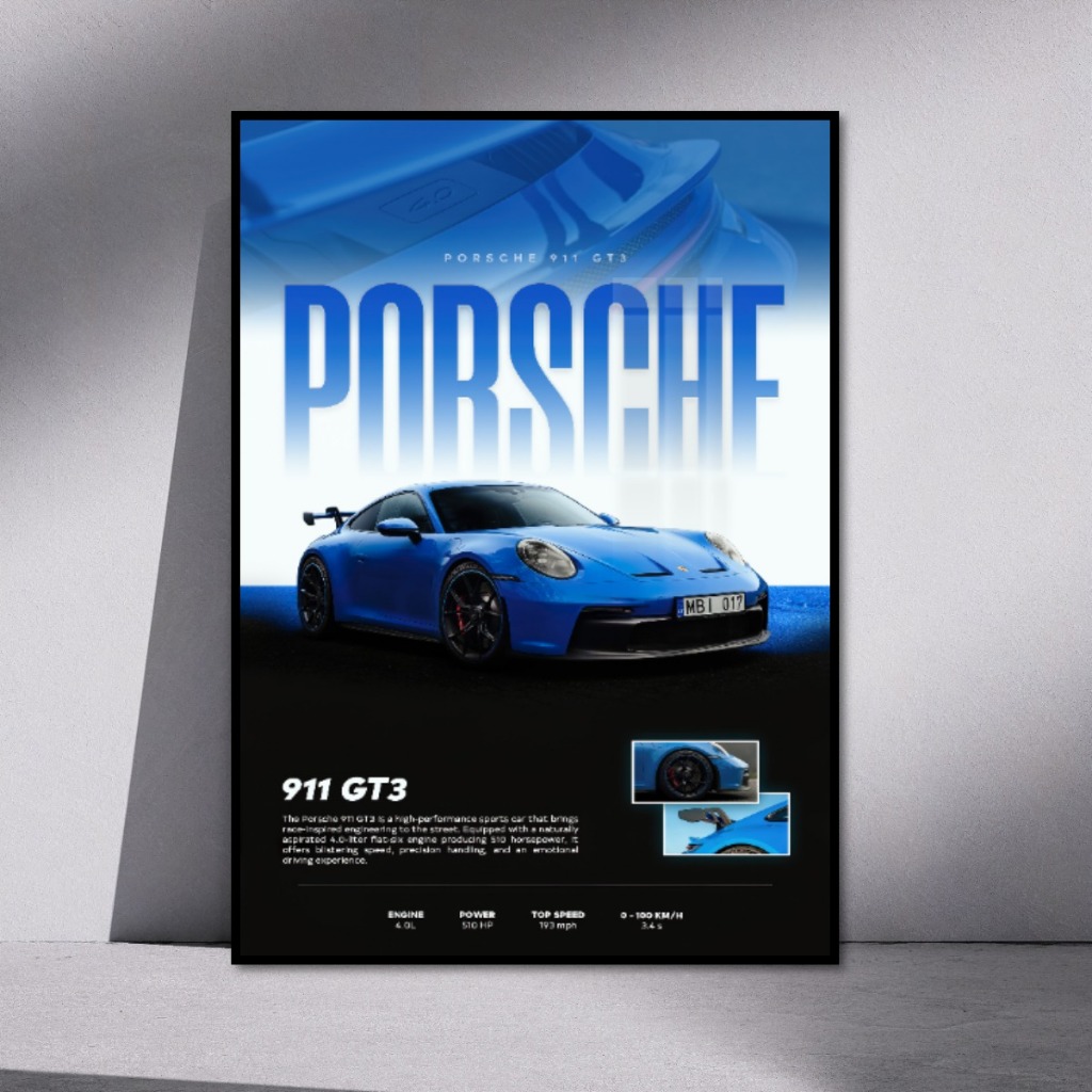Car Posters Tranh Siêu Xe PORSCHE Tráng Gương Khung Composite Cao Cấp Decor Tường, Phòng Khách