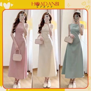 Váy maxi cổ yếm dáng dài xòe chất chéo Hàn Quốc, Váy thiết kế dáng dài chất chéo ý Hoadanbistore