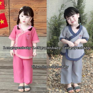 Đồ Lam đi Chùa cho bé gái, đồ đi chùa cho bé iu,chất kate thêu hoa sen