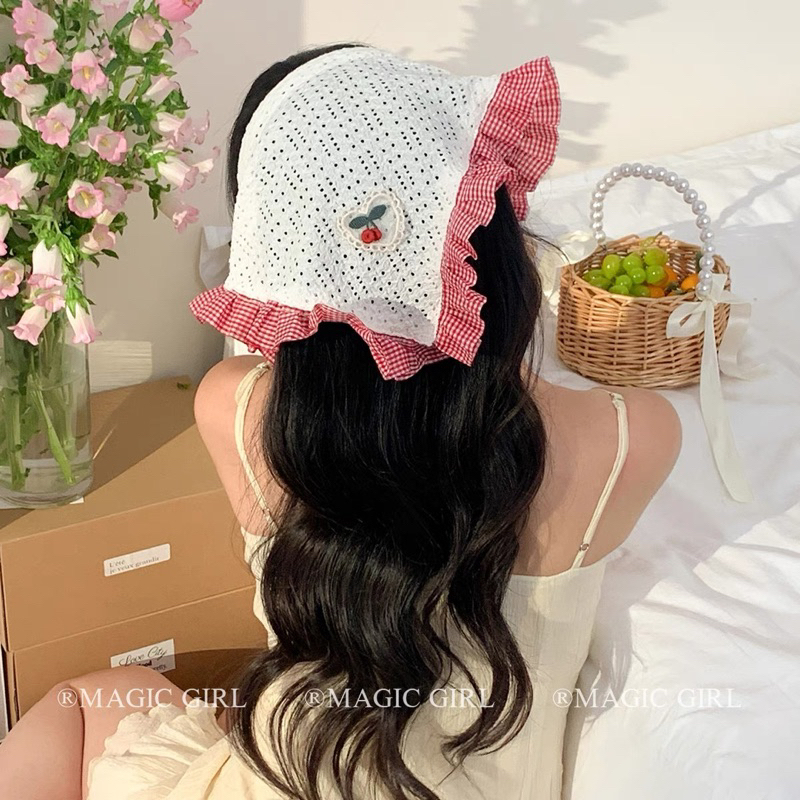 BỜM KHĂN VINTAGE REN THÊU HÌNH CHERRY 🍒 PHỤ KIỆN ĐI BIỂN