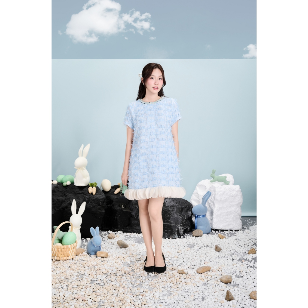 Ảnh RẬP MOMMY & BABY - Đầm Xanh Cổ Tròn Kết Dây Tweed Tay Ngắn - PARIS 04 2