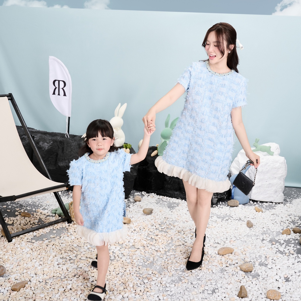 Ảnh RẬP MOMMY & BABY - Đầm Xanh Cổ Tròn Kết Dây Tweed Tay Ngắn - PARIS 04 1