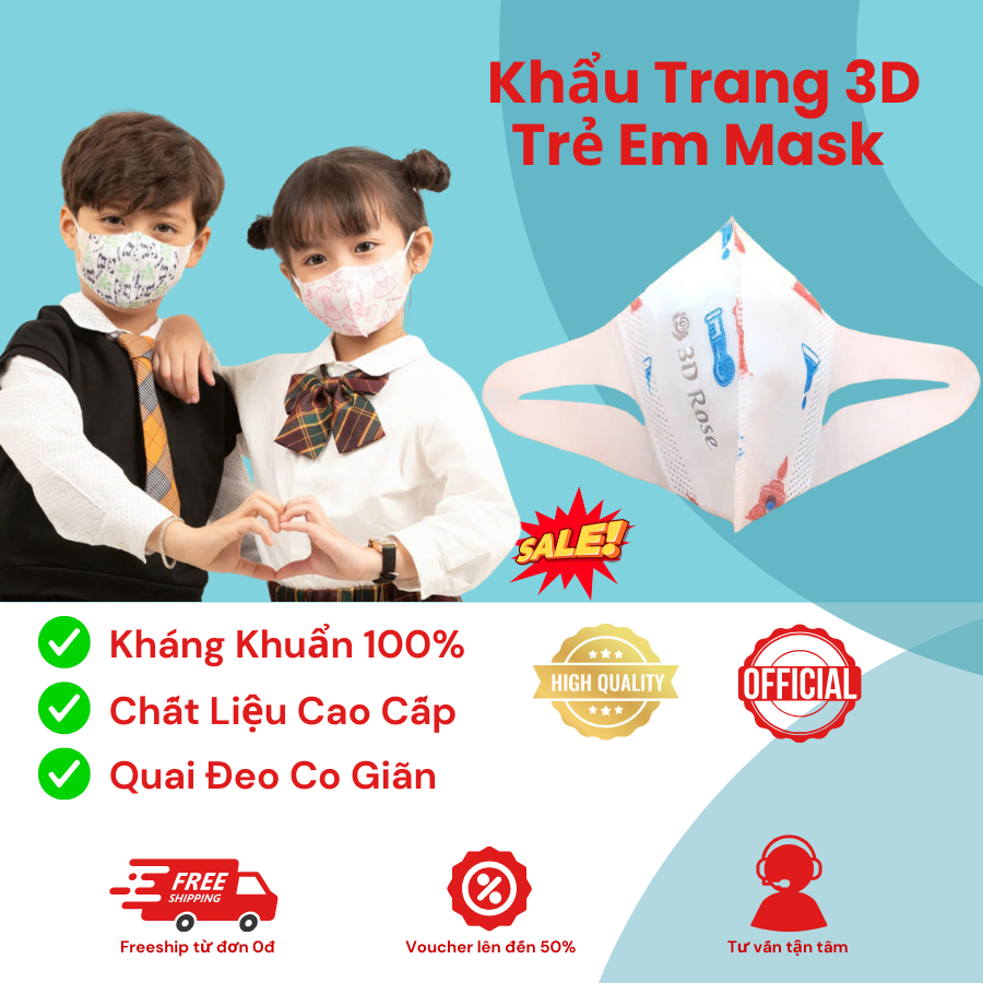SET 100 CHIẾC KHẨU TRANG 3D TRẺ EM BẢO LINH KHÁNG KHUẨN THOÁNG KHÍ VÀ CHỐNG TIA UV AN TOÀN CHO BÉ