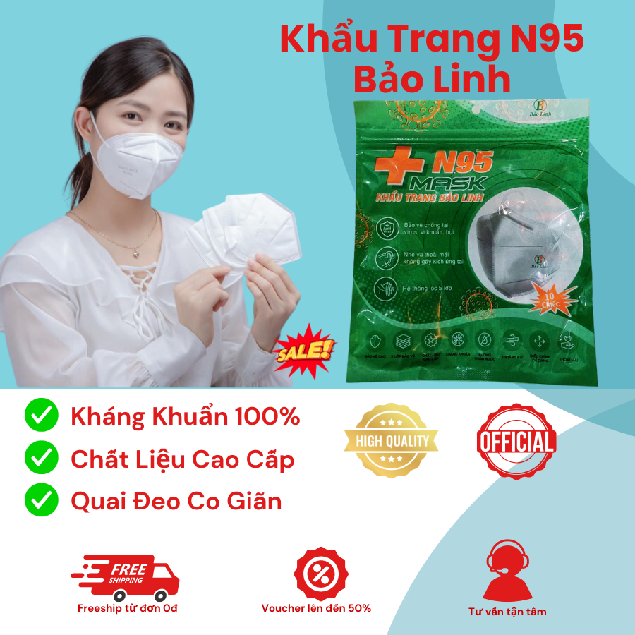 THÙNG 100 CHIẾC KHẨU TRANG N95 BẢO LINH KHÔNG VAN 5 LỚP TÚI ZIP KHÁNG KHUẨN CHÍNH HÃNG CHỐNG BỤI MỊN