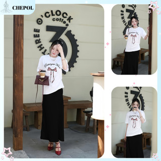 Bộ Áo Phông Nữ Chepol Cao Cấp Form Rộng, In Nơ, Cổ Tròn, Phối Chân Váy, Chất Cotton ( Áo Thun Trắng+ CV Suông )-CP_x7862