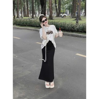 Bộ Áo Phông Nữ Chepol Form Rộng, In Chữ, Cổ Tròn, Phối Chân Váy, Chất Cotton( Áo Thun Trắng + Chân Váy Đuôi Cá)CP_12763