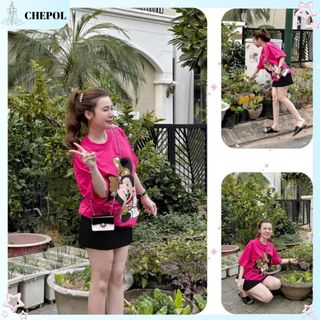 Set ( Áo Thun Hồng + Chân Váy Ngắn ) Áo Phông Nữ Chepol Unisex, Cổ tròn, Tay ngắn, Chất Cotton Co Dãn 2 Chiều CP_x4867