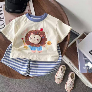 Set bộ cộc tay hoạ tiết hoạt hình phối quần kẻ cho bé
