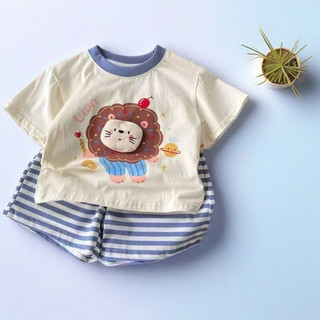 Set bộ cộc tay hoạ tiết hoạt hình phối quần kẻ cho bé