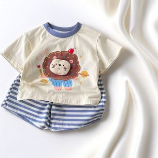Set bộ cộc tay hoạ tiết hoạt hình phối quần kẻ cho bé