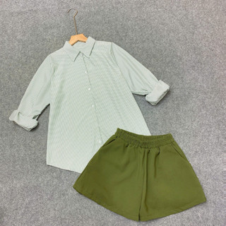 Set Sơ Mi Quần Đùi Bigsize Nữ Áo Somi Tay Dài Form Rộng Kèm Quần Short Lưng Chun (SM49+Q500)