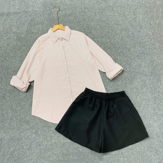 Set Sơ Mi Quần Đùi Bigsize Nữ Áo Somi Tay Dài Form Rộng Kèm Quần Short Lưng Chun (SM49+Q500)