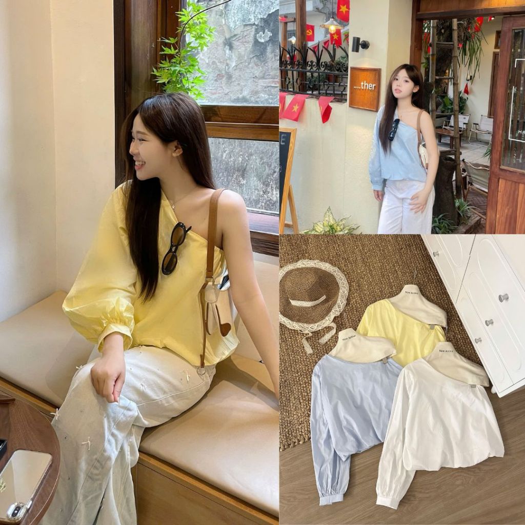 Áo sơ mi nữ lệch vai dài tay bồng gấu dáng bí đủ màu có size Joolate 4430  P9