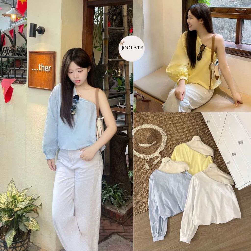 Áo sơ mi nữ lệch vai dài tay bồng gấu dáng bí đủ màu có size Joolate 4430  P9