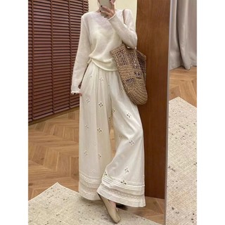 Quần Dài Ren Hoa Xô Chất Boi Quần Ống Rộng 2 Lớp Hàng QC Màu Beige 97cm Dễ Mặc Cakecat