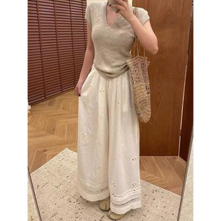 Quần Dài Ren Hoa Xô Chất Boi Quần Ống Rộng 2 Lớp Hàng QC Màu Beige 97cm Dễ Mặc Cakecat