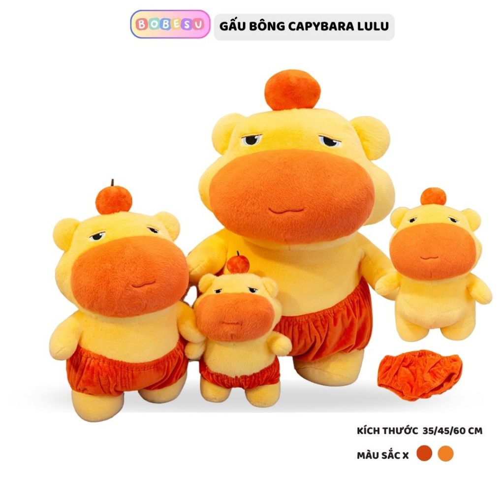 Gấu bông capybara lulu quần cam mặt ngộ nghĩnh đáng yêu, Thú nhồi bông cappybara màu cam làm quà tặng  vui vẻ cho bé