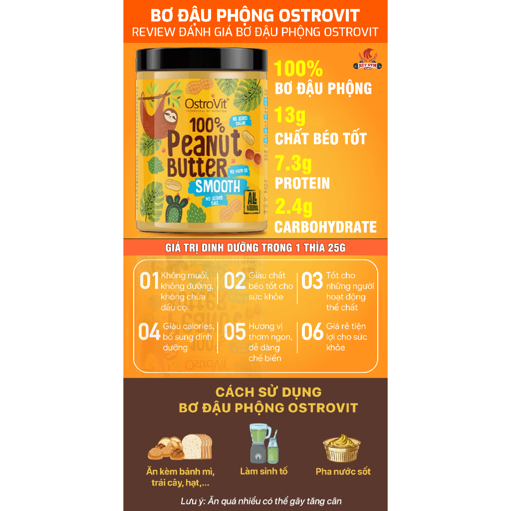 [BN] Ostrovit Peanut Butter 100% - Bơ Đậu Phộng, Ko Đường, Sánh Mịn, Thơm Ngon - KEYGYM