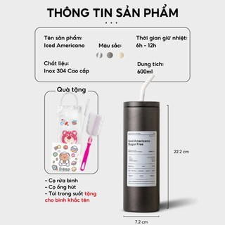 Ly giữ nhiệt Iced Americano 600ml cốc giữ nhiệt inox khắc tên, Fan House tặng ống hút inox, cọ rửa bình
