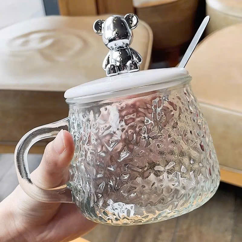 Cốc Nắp Gấu Chịu Nhiệt Dày Dặn Siêu Cute,Ly Thủy Tinh Kèm Muỗng Dùng Hàng Ngày - CỐC THỦY TINH NẮP GẤU CÓ MUỖNG XINH XẮN