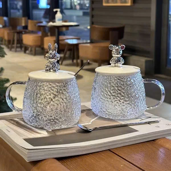 Cốc Nắp Gấu Chịu Nhiệt Dày Dặn Siêu Cute,Ly Thủy Tinh Kèm Muỗng Dùng Hàng Ngày - CỐC THỦY TINH NẮP GẤU CÓ MUỖNG XINH XẮN