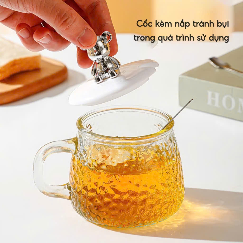 Cốc Nắp Gấu Chịu Nhiệt Dày Dặn Siêu Cute,Ly Thủy Tinh Kèm Muỗng Dùng Hàng Ngày - CỐC THỦY TINH NẮP GẤU CÓ MUỖNG XINH XẮN