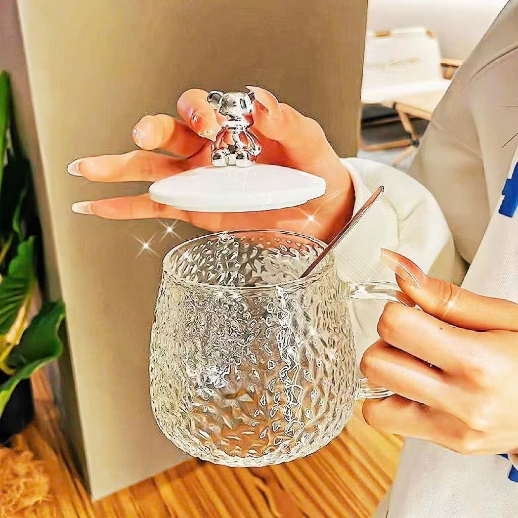 Cốc Nắp Gấu Chịu Nhiệt Dày Dặn Siêu Cute,Ly Thủy Tinh Kèm Muỗng Dùng Hàng Ngày - CỐC THỦY TINH NẮP GẤU CÓ MUỖNG XINH XẮN