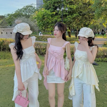 Áo cánh tiên Peplum cách điệu, áo cúp ngực vuông phối dây vai nhún bèo Newfashion