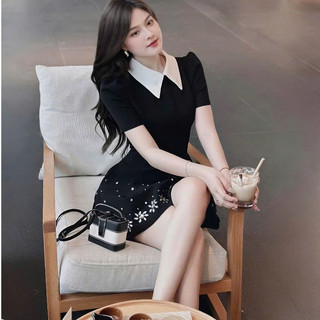 Đầm xoè ngắn cổ sơ mi đính đá 2 lớp sang chảnh Váy xoè nữ cổ sơ mi đính đá mới nhất