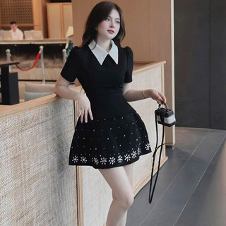 Đầm xoè ngắn cổ sơ mi đính đá 2 lớp sang chảnh Váy xoè nữ cổ sơ mi đính đá mới nhất