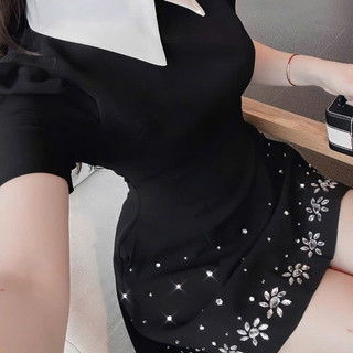 Đầm xoè ngắn cổ sơ mi đính đá 2 lớp sang chảnh Váy xoè nữ cổ sơ mi đính đá mới nhất