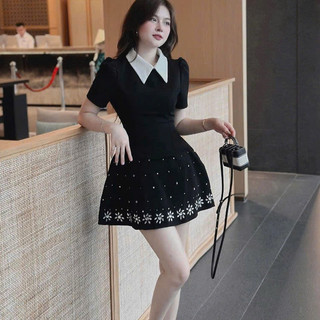 Đầm xoè ngắn cổ sơ mi đính đá 2 lớp sang chảnh Váy xoè nữ cổ sơ mi đính đá mới nhất