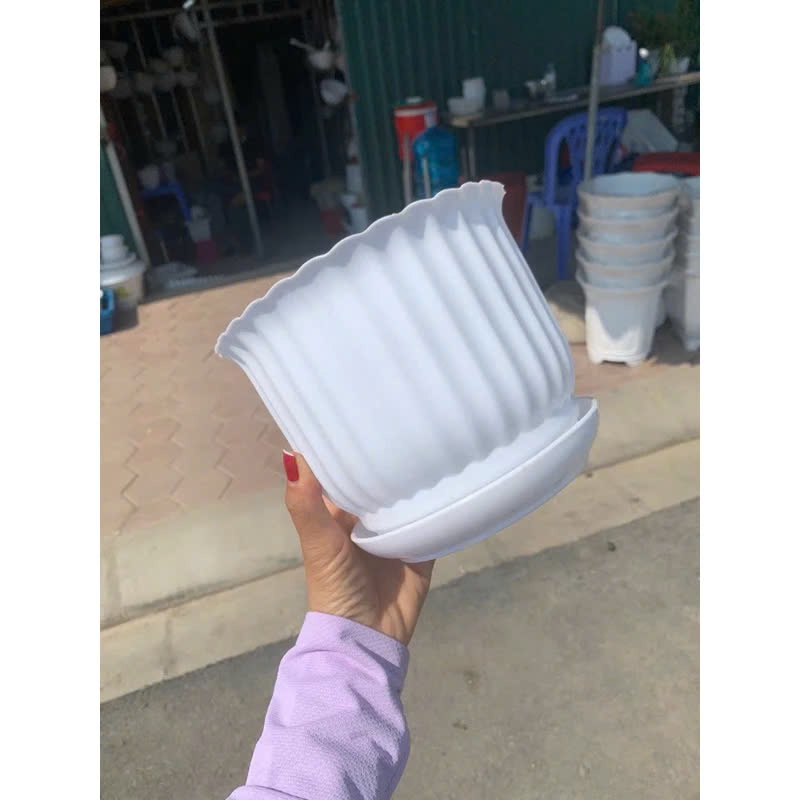 (Chậu+ đĩa) Chậu nhựa để bàn có đĩa giả sứ gân sọc tròn trắng 3 size trồng hoa cây cảnh
