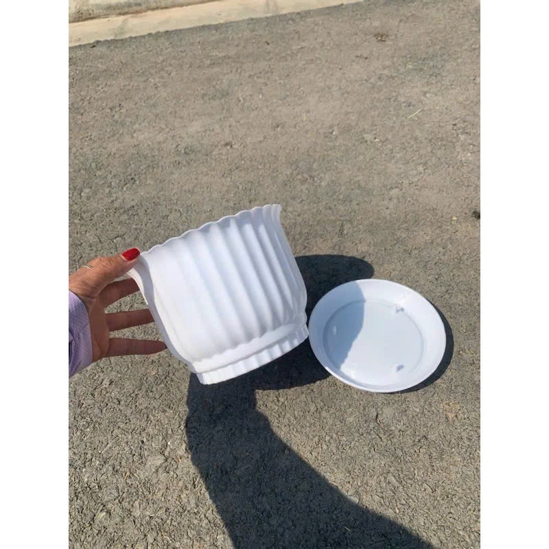 (Chậu+ đĩa) Chậu nhựa để bàn có đĩa giả sứ gân sọc tròn trắng 3 size trồng hoa cây cảnh