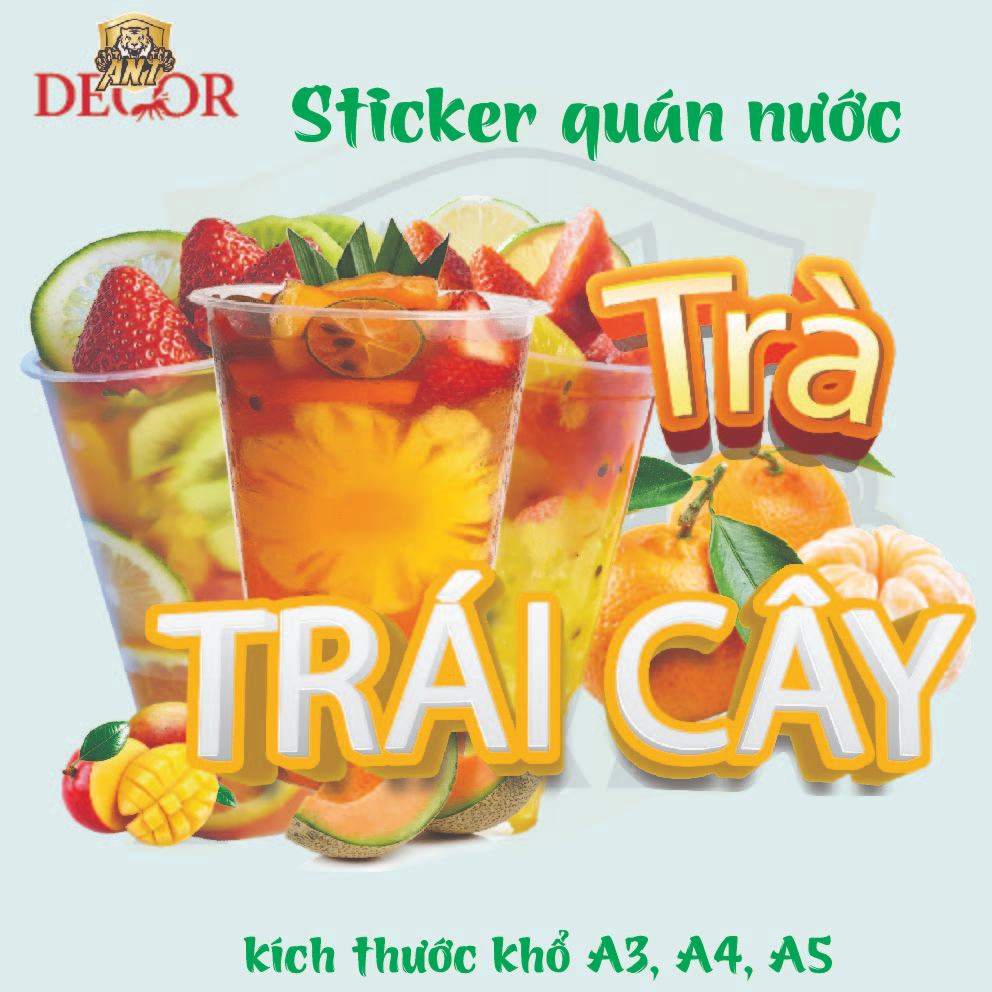 Decal TRÀ TRÁI CÂY, Nhãn Dán Trang Trí Quầy, Xe Nước – Chống Nước, Dễ Dán, Màu Sắc Bắt Mắt, Bền Màu