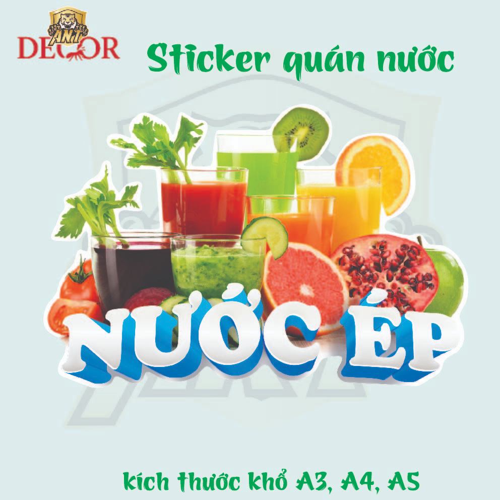 Decal NƯỚC ÉP – Nhãn Dán Trang Trí Xe Nước, Quầy Giải Khát – Màu Sắc Tươi Sáng, Dễ Dán, Chống Nước