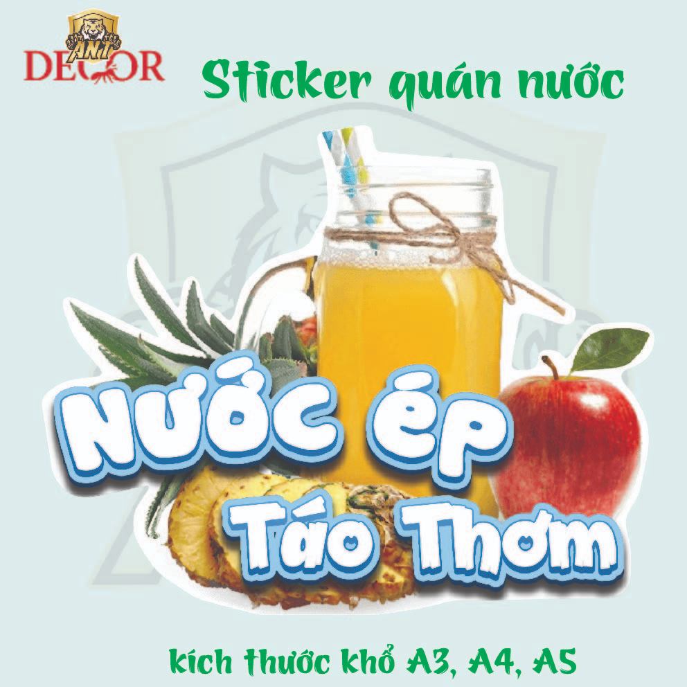 Decal NƯỚC ÉP – Nhãn Dán Trang Trí Xe Nước, Quầy Giải Khát – Màu Sắc Tươi Sáng, Dễ Dán, Chống Nước