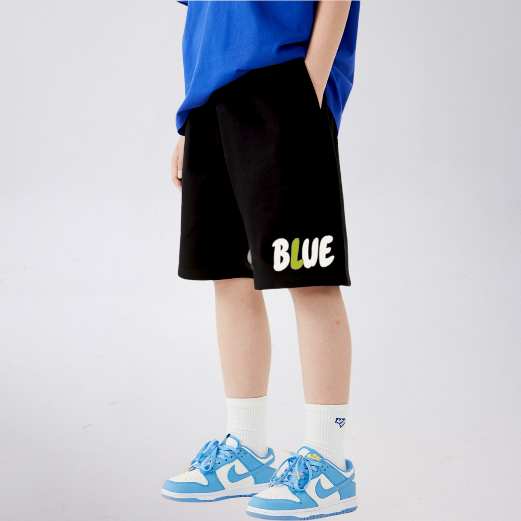 Quần Short Thể Thao Trẻ Em In Chữ “BLUE” – Cotton Co Giãn Thoáng Mát | JJ Kids Fashion