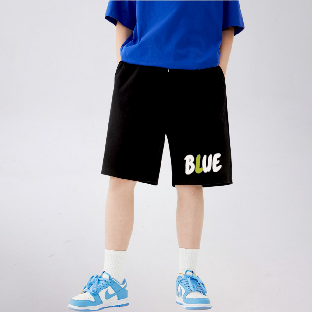 Quần Short Thể Thao Trẻ Em In Chữ “BLUE” – Cotton Co Giãn Thoáng Mát | JJ Kids Fashion