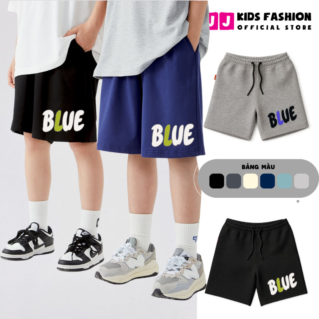 Quần Short Thể Thao Trẻ Em In Chữ “BLUE” – Cotton Co Giãn Thoáng Mát | JJ Kids Fashion