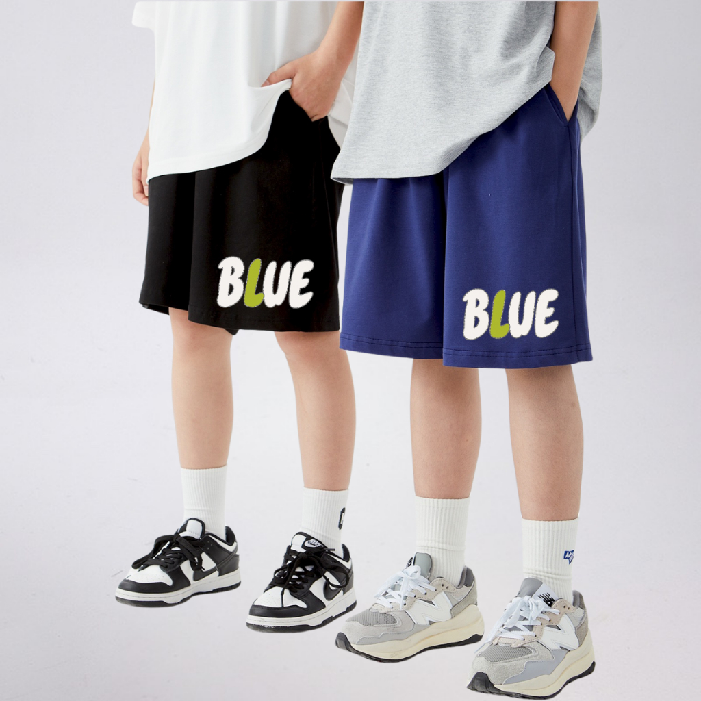 Quần Short Thể Thao Trẻ Em In Chữ “BLUE” – Cotton Co Giãn Thoáng Mát | JJ Kids Fashion
