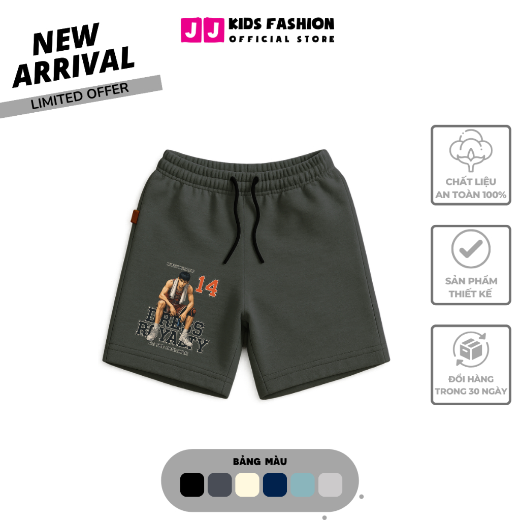 Quần Short Thể Thao Trẻ Em In Hình Cầu Thủ Bóng Rổ, Năng Động, Cotton Co Giãn | JJ Kids Fashion