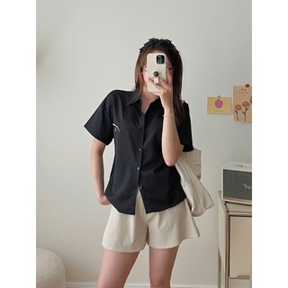 Set sơ mi nữ cộc tay chất vải đũi dính nơ nhỏ kèm quần short ChangStore - S210