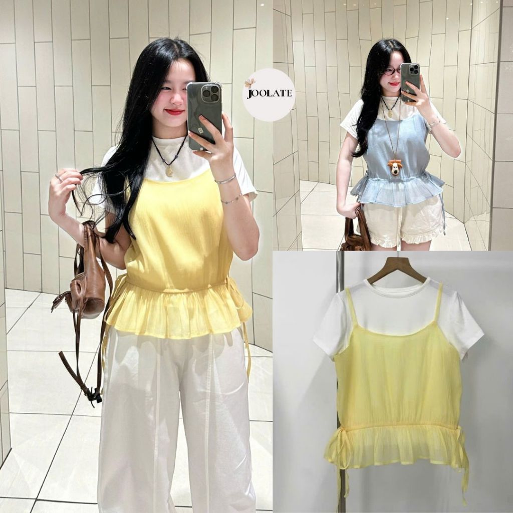 Set áo thun basic kèm áo tơ 2 dây rút eo freesize SUMMER TOP Joolate - tách set